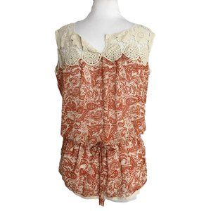 Entro Small Shirt Orange Paisley Crochet Semi Sheer